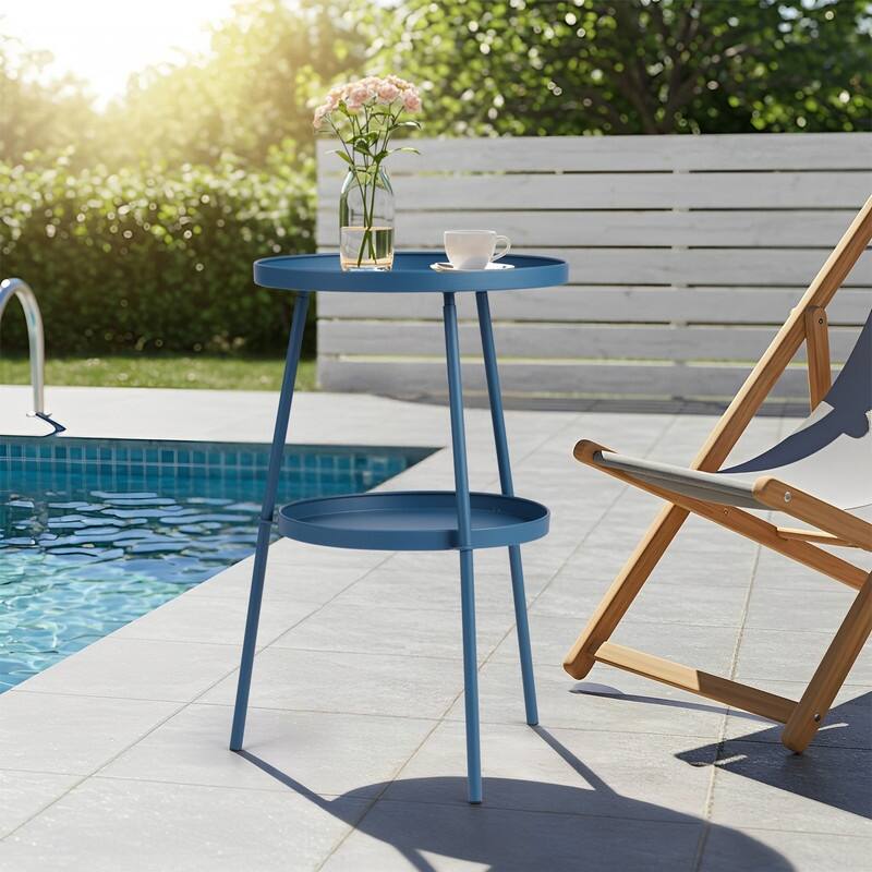 2 Tier Round Patio Small Side Table, Metal Coffee Table for Indoor Outdoor - Blue