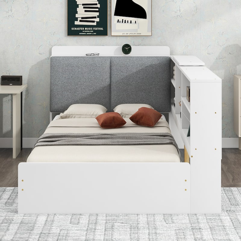 Twin Size Bed with Storage Headboard, Shelves, Drawers