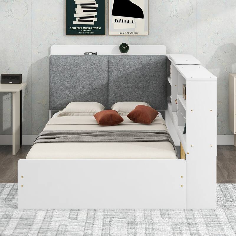 Wood Platform Bed with Storage Headboard, Shelves and 2 Drawers