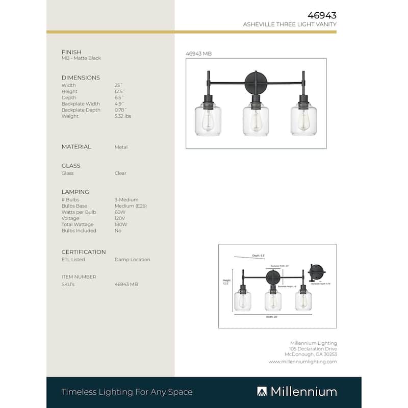 Millennium Lighting Asheville Bathroom Vanity Fixture in Matte Black with Clear Glass Shades