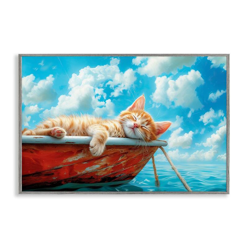 Stupell Sleeping Cat on Boat Framed Giclee Art Design By Parable Visions - 30 x 20 - Grey