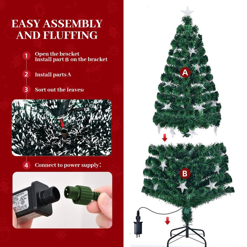 7FT Pre-lit Fiber Optic Christmas Tree with Large Stars, Artificial Xmas Tree Spruce Tree Green Tree with Metal Stand