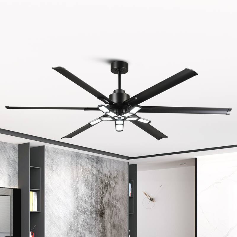 84" Industrial Matte Black Garage Large Ceiling Fan with Foldable LED Light and Remote