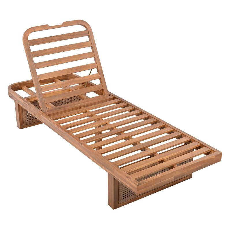 Rattan & Acacia Wood Outdoor Lounge Chair with White Cushion