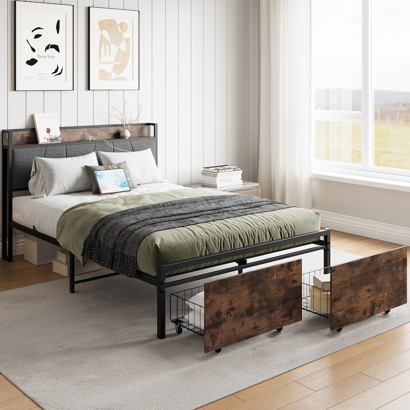 Bed Frame, Storage Headboard with Charging Station and 2 Drawers - Full