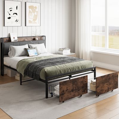 Full Size bed Frame, Storage Headboard with Charging Station and 2 Storage Drawers,Vintage Brown and Gray