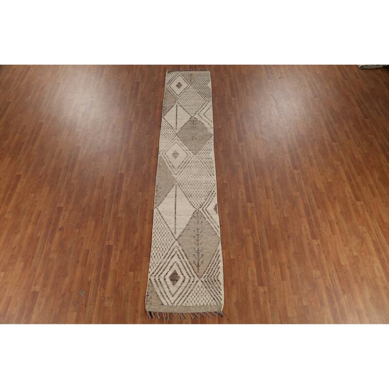 Geometric Moroccan Oriental Runner Rug Handmade Wool Carpet - 2'5"x 13'1"