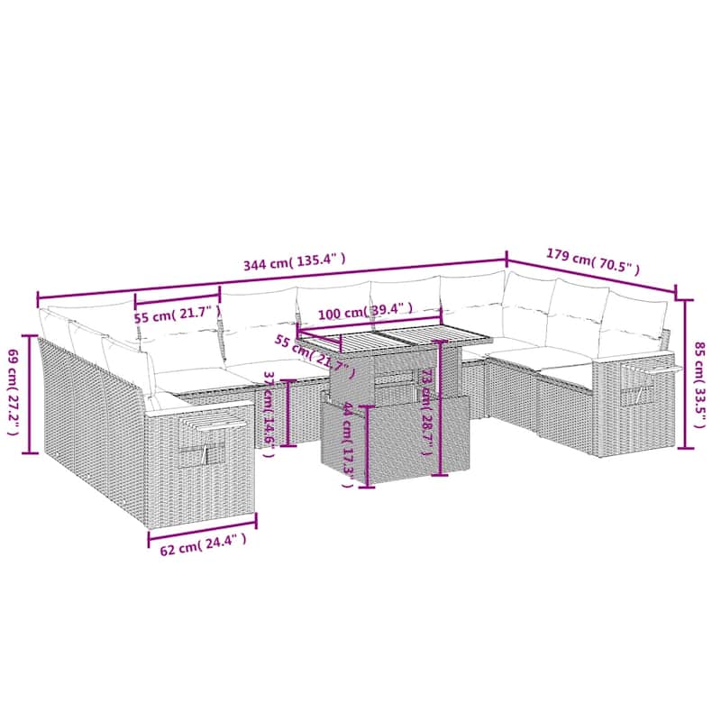 vidaXL Patio Sofa Set with Cushions Outdoor Furniture 11 Piece Poly Rattan - 21.7 x 39.4 x 28.7 in