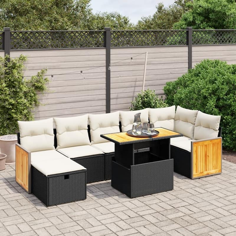 vidaXL Patio Sofa Set with Cushions Outdoor Conversation Furniture Poly Rattan - Black and Cream-without storage - 21.7 x 39.4 x 28.7