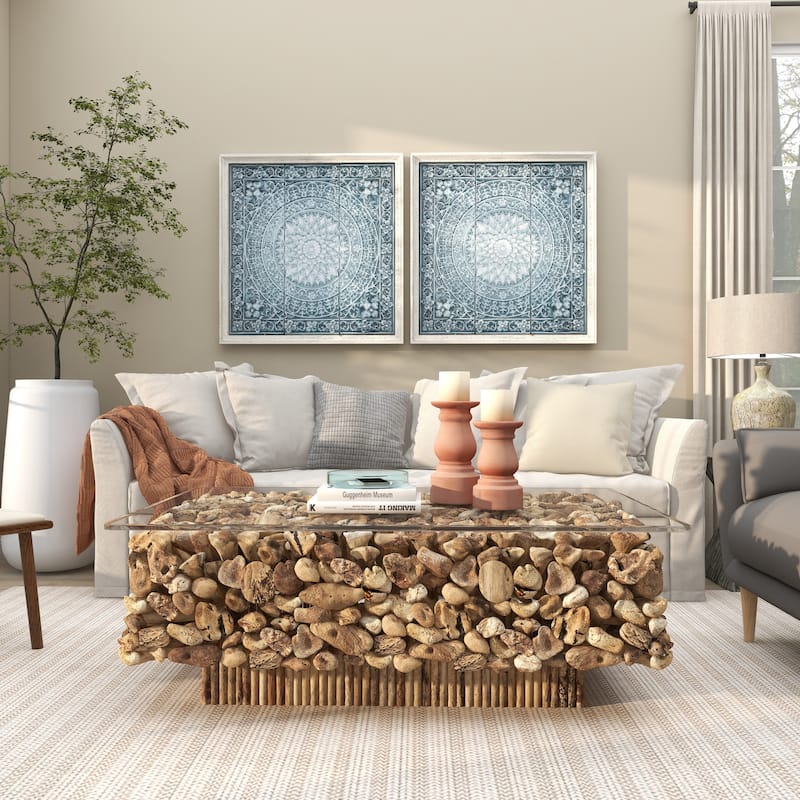 Metal Floral Embossed Mandala Scroll Home Wall Decor with White Wood Frame - Blue or Brown - Roche River Decor