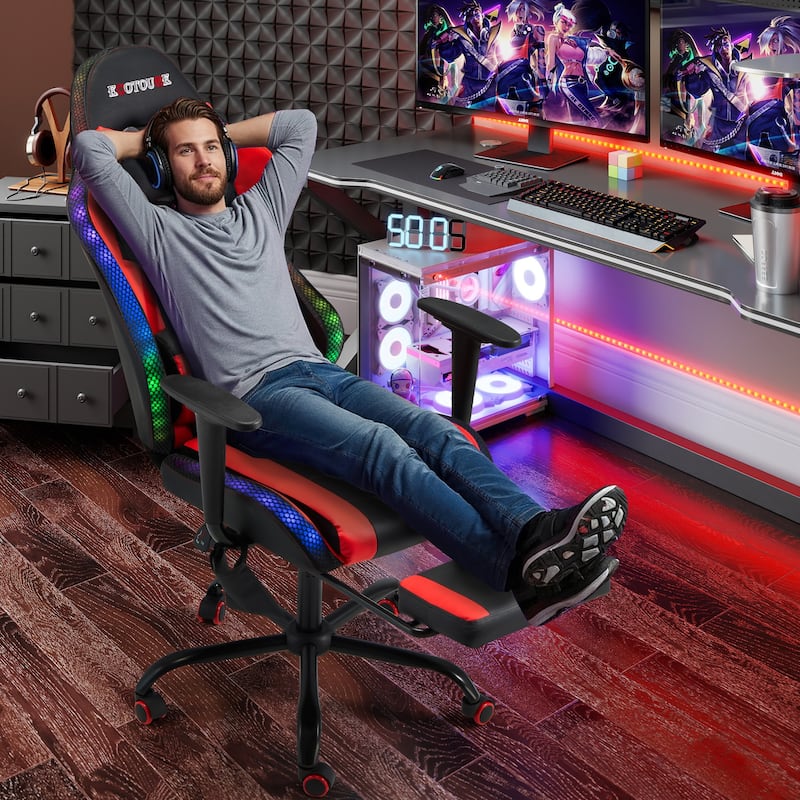 EROMMY RGB LED Gaming Chair with Massage Lumbar Support & Footrest, Ergonomic Reclining Computer Chair for Adults