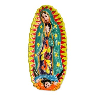 Handmade Talavera Guadalupe In Green Ceramic Wall Sculpture (Mexico)