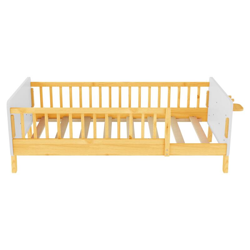 Kids Wood Platform Bed with Guardrails, Bottle Holder and 2 Hanging Rod, Convertible Toddler Daybed, Low Profile Design Frame