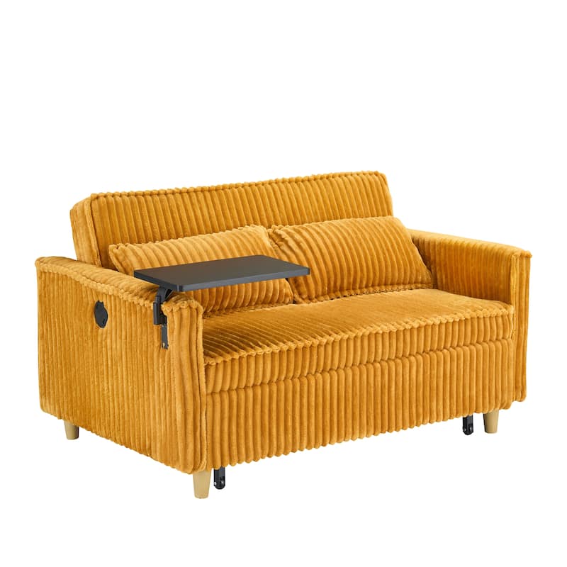 The Pull-Out And Push-In Corduroy Sofa With Dual Functions,Equipped With A Movable Tabletop And Usb Ports,Is Suitable