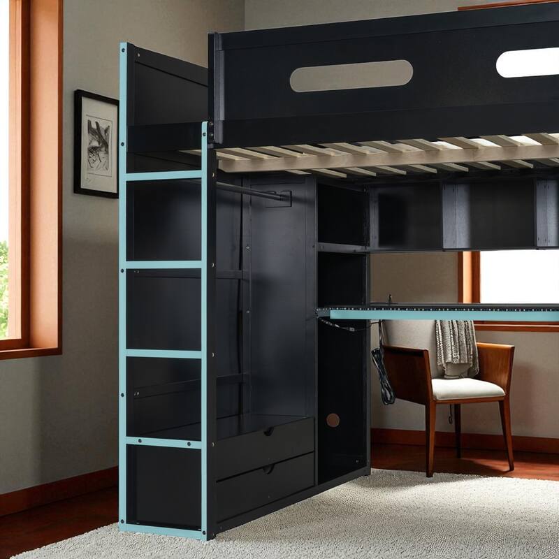 Full Size Loft Bed with Desk, RGB LED Lights, Wardrobes, Drawers and USB Charging Port for Teens and Gamers
