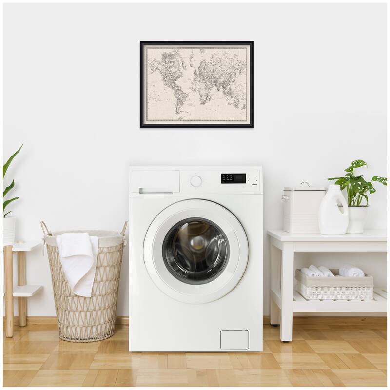 Kate and Laurel Framed Fabric Pinboard Vintage Black and White Linen World Map Wall Organization