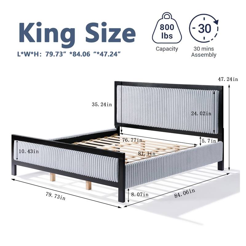 King Size Upholstered Bed with Fluffy Soft Headboard,Grey+Black Frame