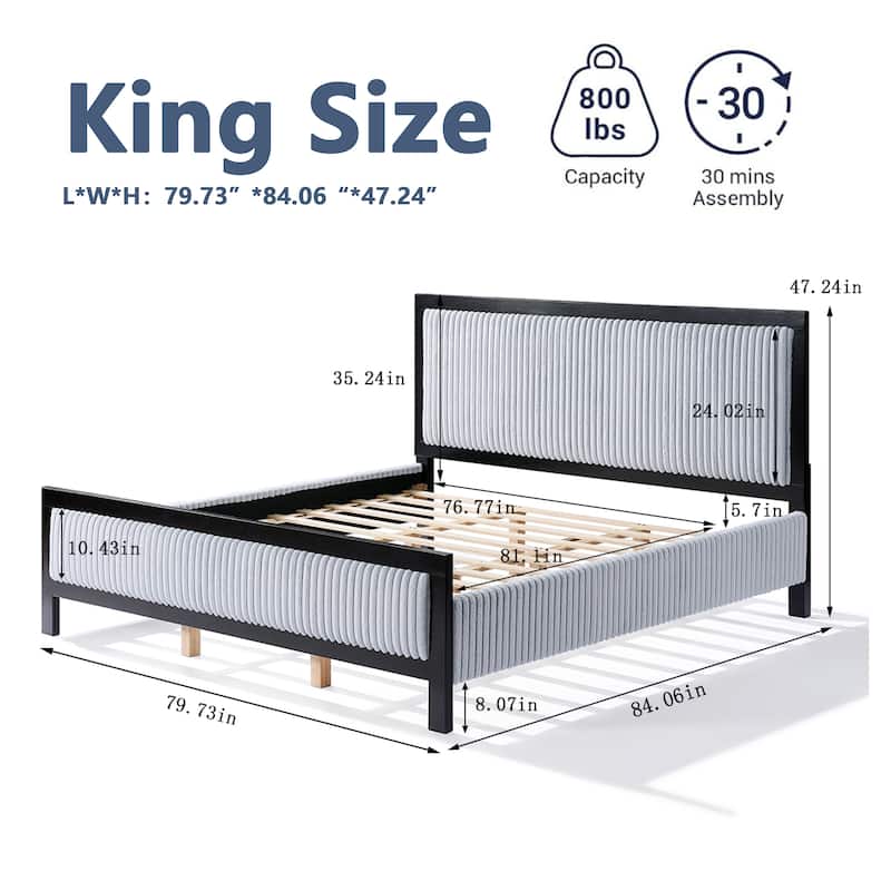 King Size Upholstered Platform Bed with Fluffy Headboard, Grey & Black Wood Frame, 800lbs Capacity