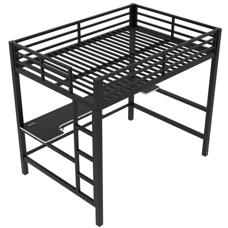 Metal Gaming Loft Bed with Desk & USB Charge Station, Teens Bedrooms Bed Frame with LED Lights, Full-Length Guardrails
