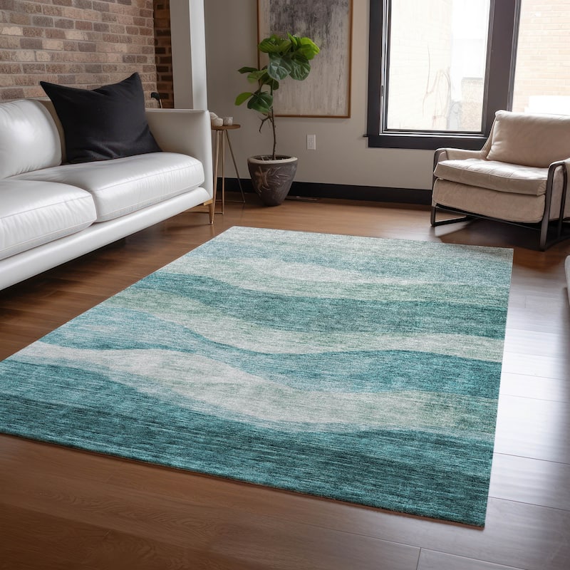 Machine Washable Indoor/ Outdoor Contemporary Waves Chantille Rug - Seafoam - 3' x 5'