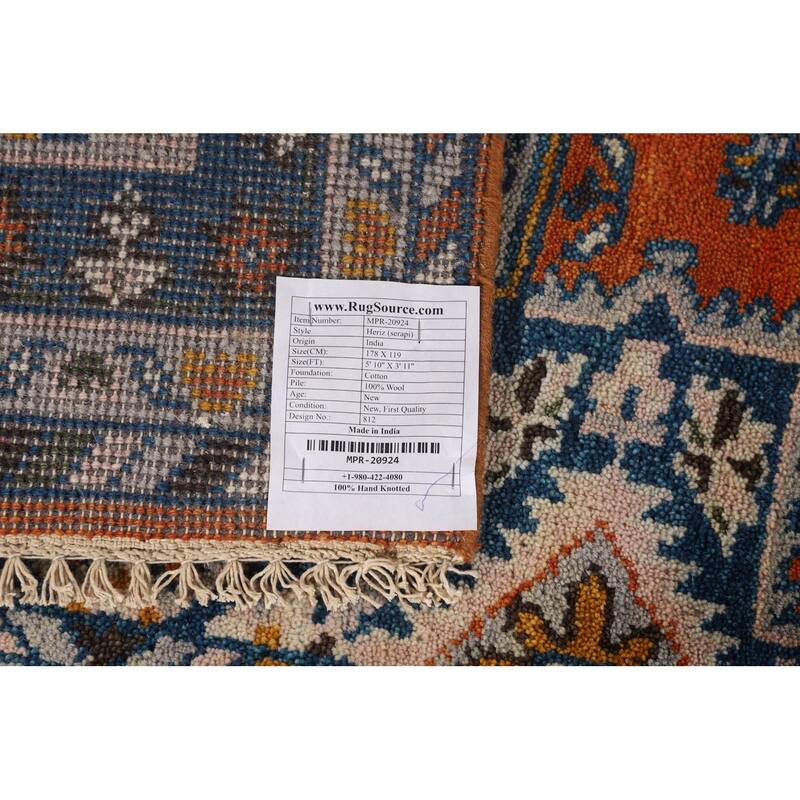 Geometric Heriz Serapi Oriental Foyer Rug Hand-Knotted Wool Carpet - 3'11"x 5'10"