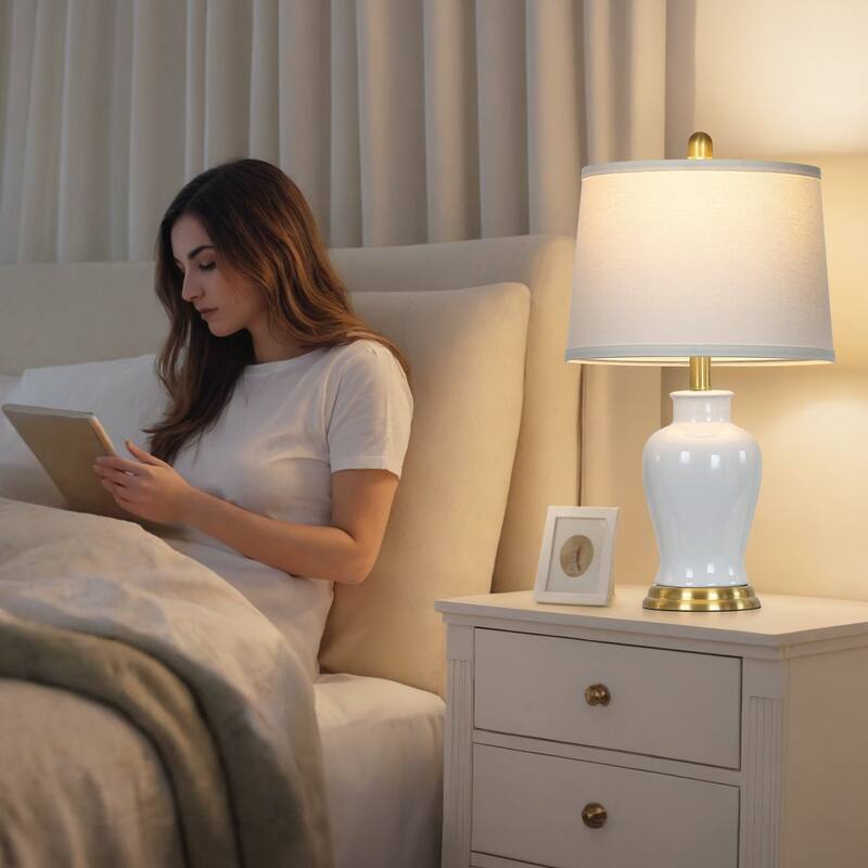 23-Inch Ceramic Ginger Jar Table Lamp with White Fabric Shade and LED Bulb