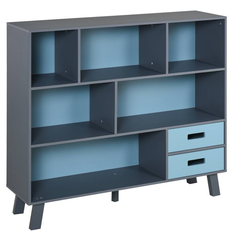 HOMCOM 3-Tier Child Bookcase Open Shelves Cabinet Floor Standing Home Office Storage Furniture Shelvin with Drawers - Blue