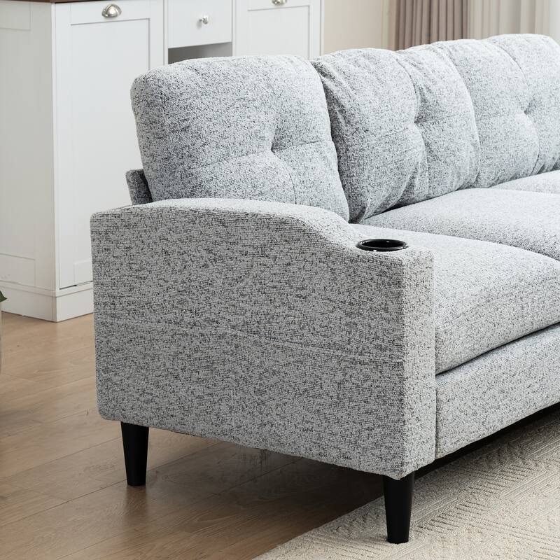 Convertible L-Shaped 3-Seater Sofa with Footstools and Storage, White+Black Metal Sofa for Living Room/Small Space