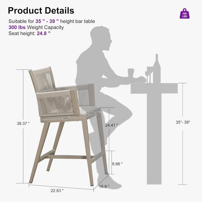 PURPLE LEAF Outdoor Bar Stools Chair Set of 2, All Weather Rattan and Aluminum Patio Bar Stool with Cushion