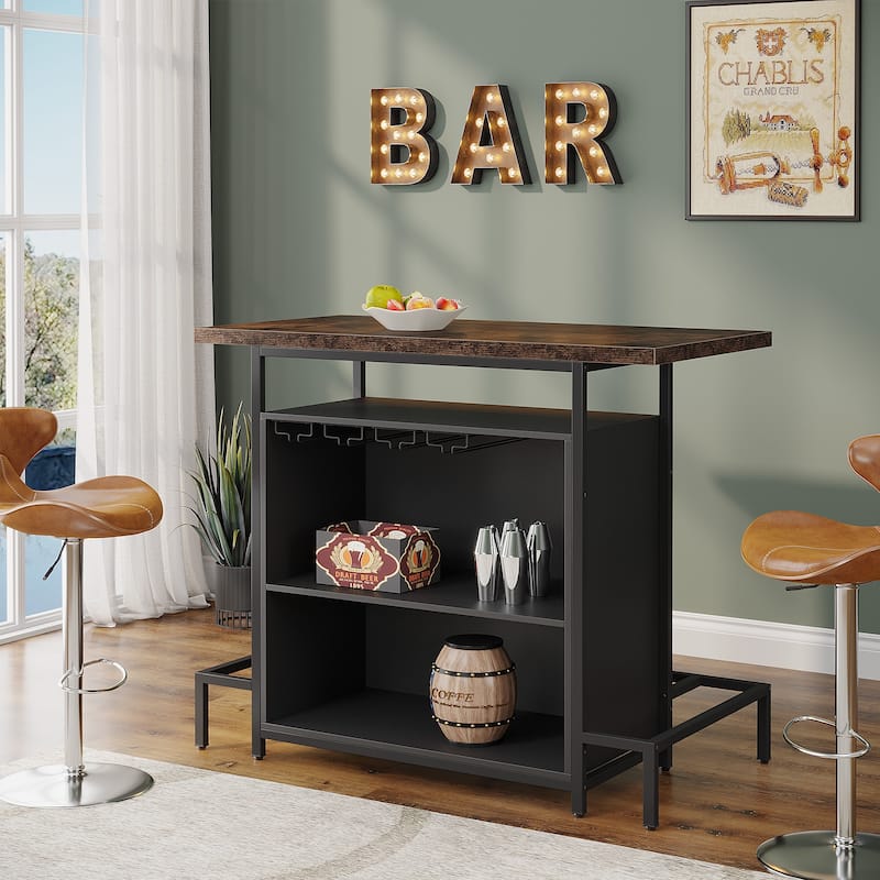 48"x 20"Industrial Home Bar Unit with 3-Tier Storage & 4 Wine Glass Racks - Rustic Pub Table, Liquor Bar Cabinet with Footrest