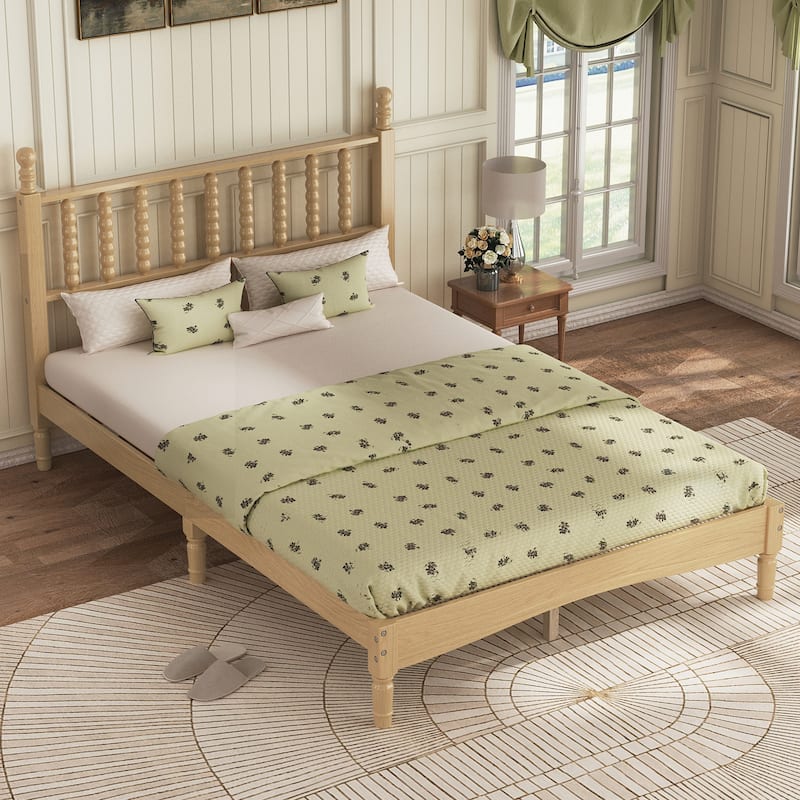 King/Full Size Wood Platform Bed with Gourd Shaped Headboard - Retro Style Wooden Slat Support Bed Frame
