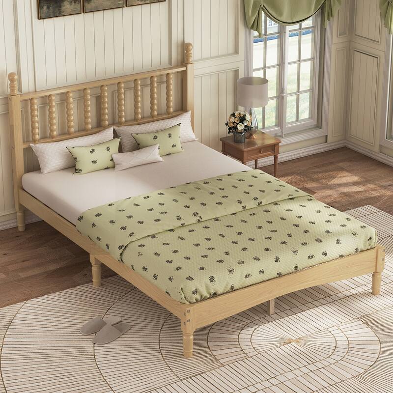 Retro Style Wood Low Profile Platform Bed with Wooden Slat Support and Gourd Shaped Headboard, No Box Spring Needed - Natural - Full