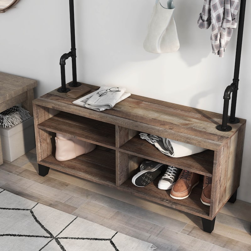 DH BASIC Industrial Barnwood Iron Entryway Bench with Coat Rack by Denhour