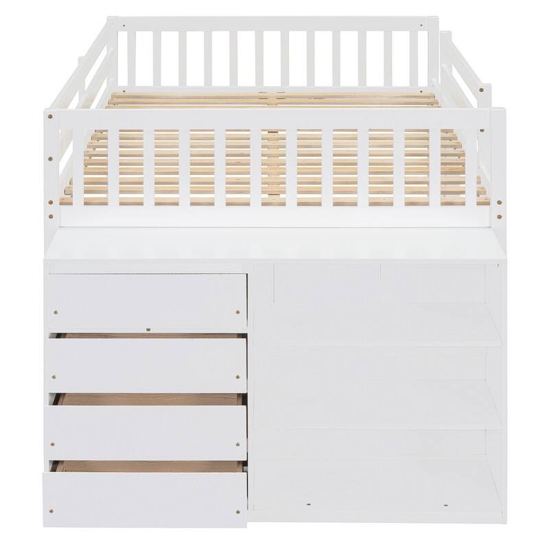 Twin Over Twin/Full Over Full Floor Bunk Bed with Drawers and 3 Storage Shelves, Solid Wood Low Bunk Bed Frame with Ladder
