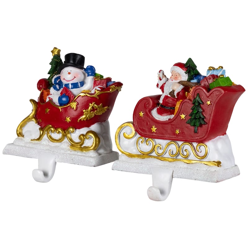 Santa and Snowman Sleigh Ride Christmas Stocking Holders - 4.25" - Set of 2 - 4"