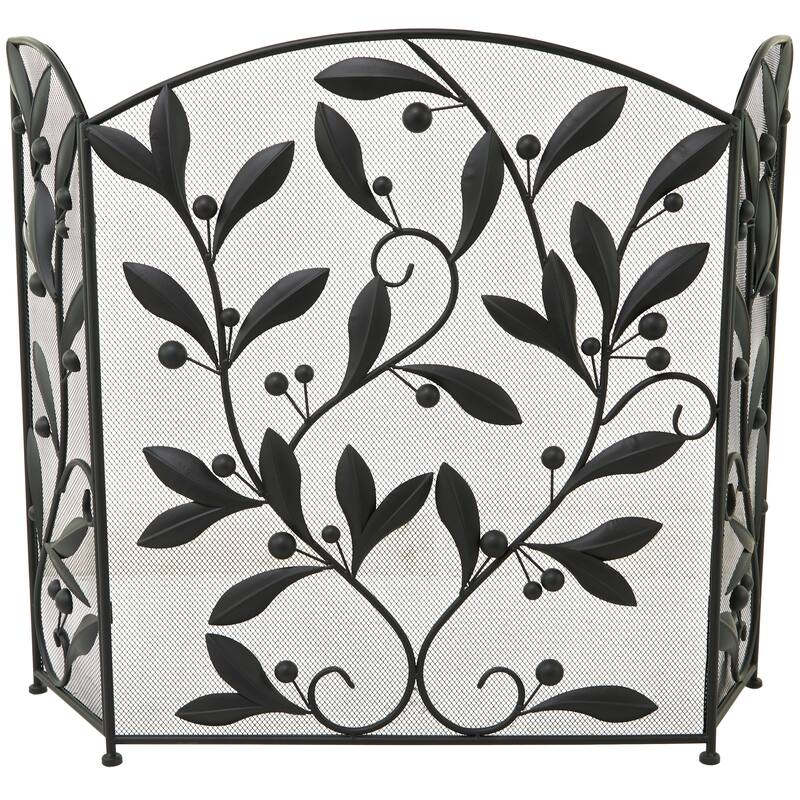Metal Scroll Foldable Mesh Netting 3 Panel Fireplace Screen with Leaf and Vine Relief - Black or Red - Roche River Decor - Black
