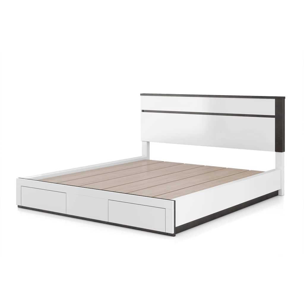 Kena Queen Size Bed, White Gray Panel Headboard, Footboard Storage Drawers