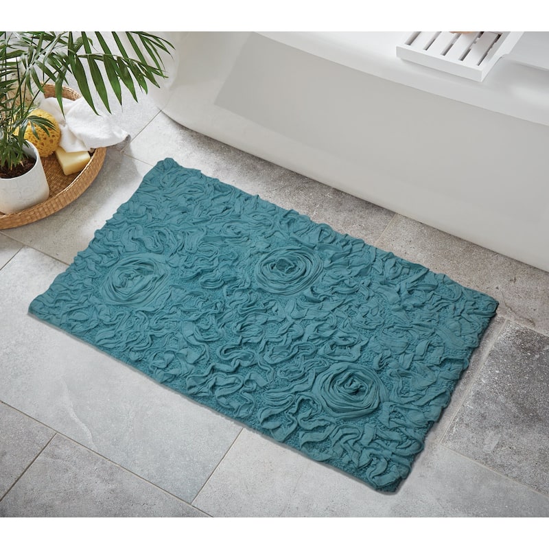 Bell Flower Bathroom Rug, Cotton Soft, Water Absorbent Bath Rug, Non Slip Shower Rug Machine Washable 24"x40" Rectangle - Blue
