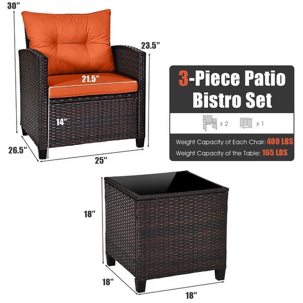 dimension image slide 0 of 3, Costway 3PCS Patio Rattan Furniture Set Cushioned Conversation Set - See Details