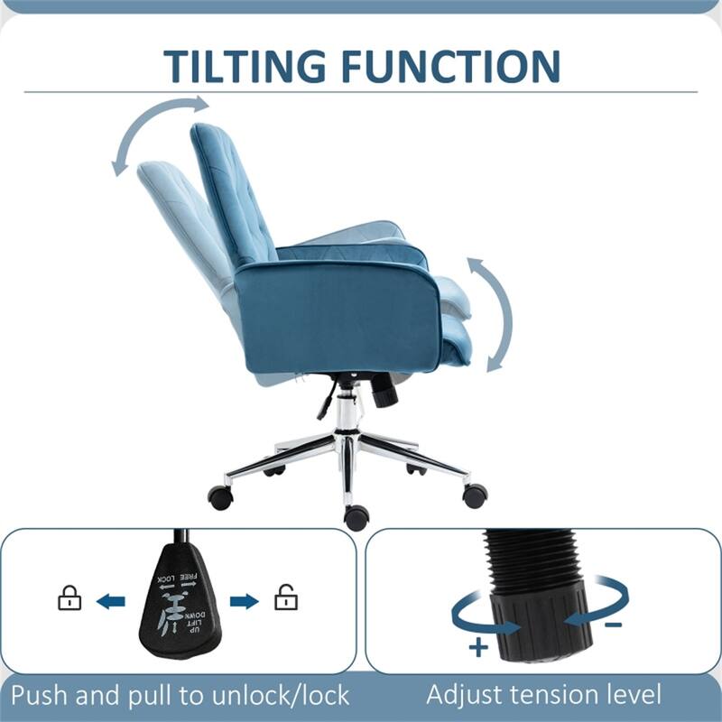 Velvet Office Chair with Adjustable Height Swivel Wheels - 26" W x 27.25" D x 35.25"-38.25" H