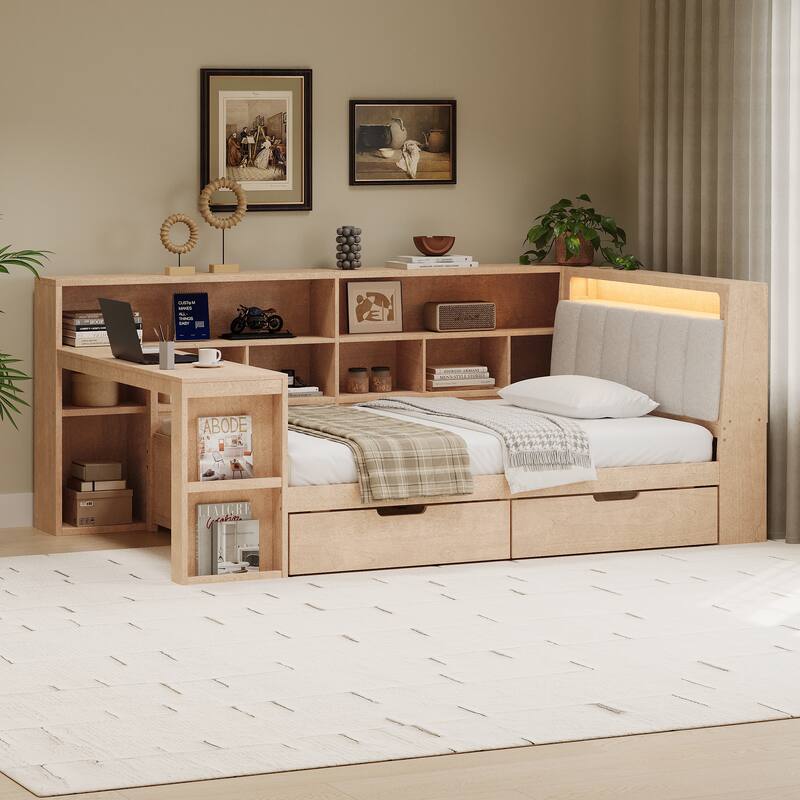 L-shaped Wooden Sofa Daybed with Desk, Bookcase Cabinet, Corner Bed with Under-bed Drawers, Upholstered Headboard Built-in Light