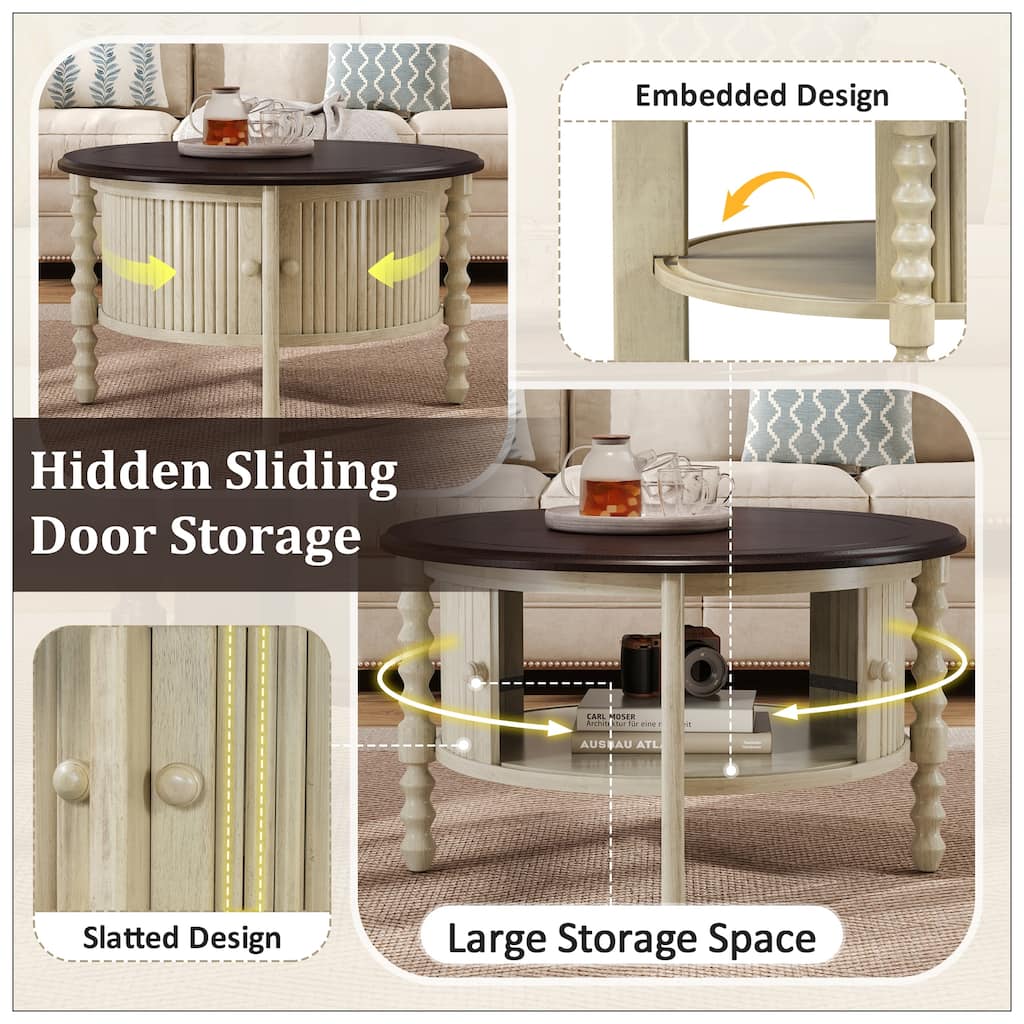 Vintage Round Coffee Table with Storage in 30.3" for Living Room