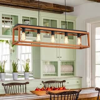 Rustic Oak Wooden Rectangular Cage Island Chandelier Ceiling Light - 39.4 Inches