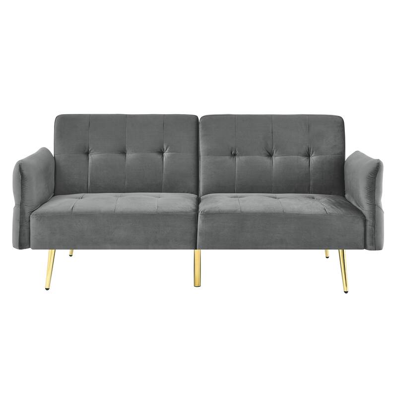Velvet Futon Sofa Bed with Folded Armrests