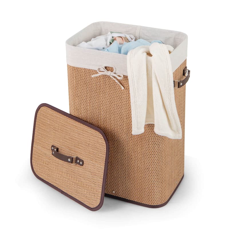 Costway Rectangle Bamboo Hamper Laundry Basket Washing Cloth Bin Bag - See Details