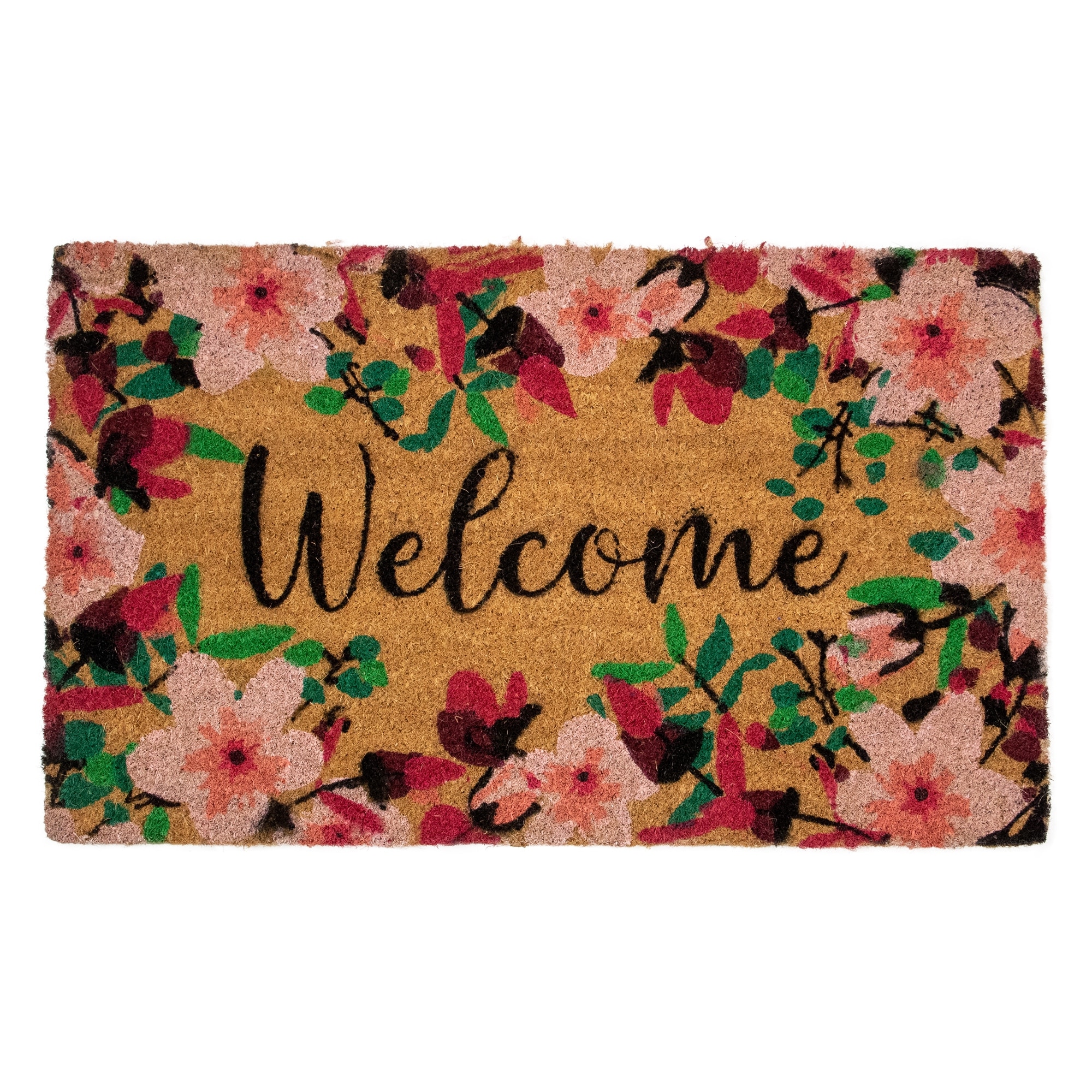 Floral Design Coir Doormat for Outdoor Entrance, Natural Coir