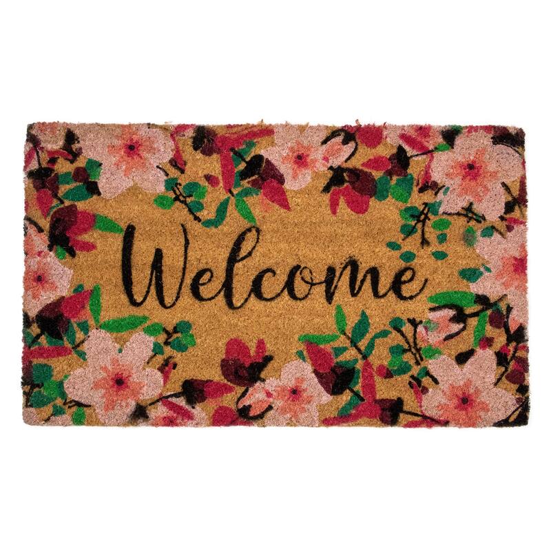 Natural Coir Blossoming Floral Outdoor Rectangular "Welcome" Doormat - 30