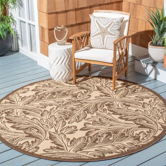 SAFAVIEH Courtyard Bettyjane Tropical Leaves Indoor/ Outdoor Area Rug - 6'7" x 6'7" Round - Natural/Brown