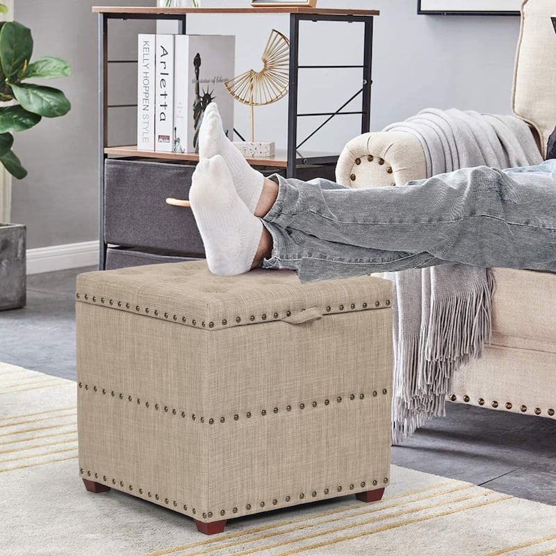Adeco Fabric Square Ottoman with Tray