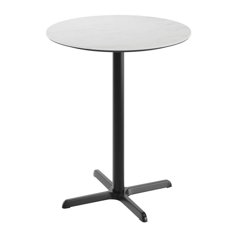Commercial HPL Tabletop with Bar Height Crisscross Base - 36"W x 36"D x 42"H - White Faux Marble/Black Base